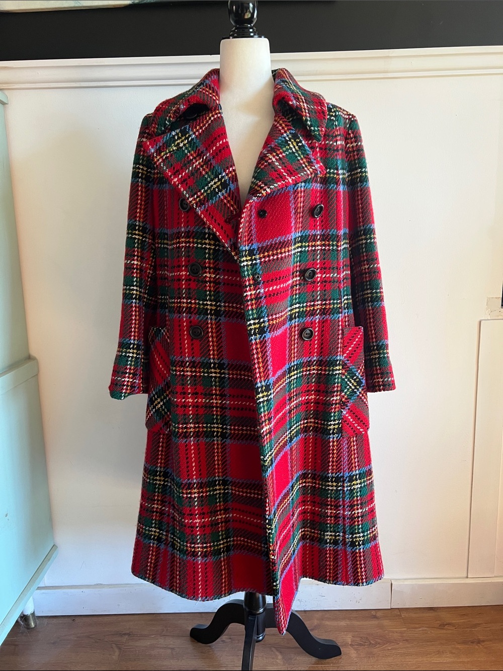 Vintage Red Plaid Double-Breasted Warm Irish Wool Coat - Picture 8 of 15
